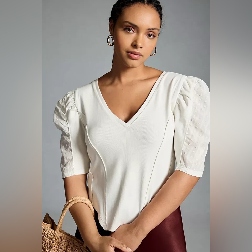 NWT By Anthropologie puff sleeve structured v neck tee sz 3X